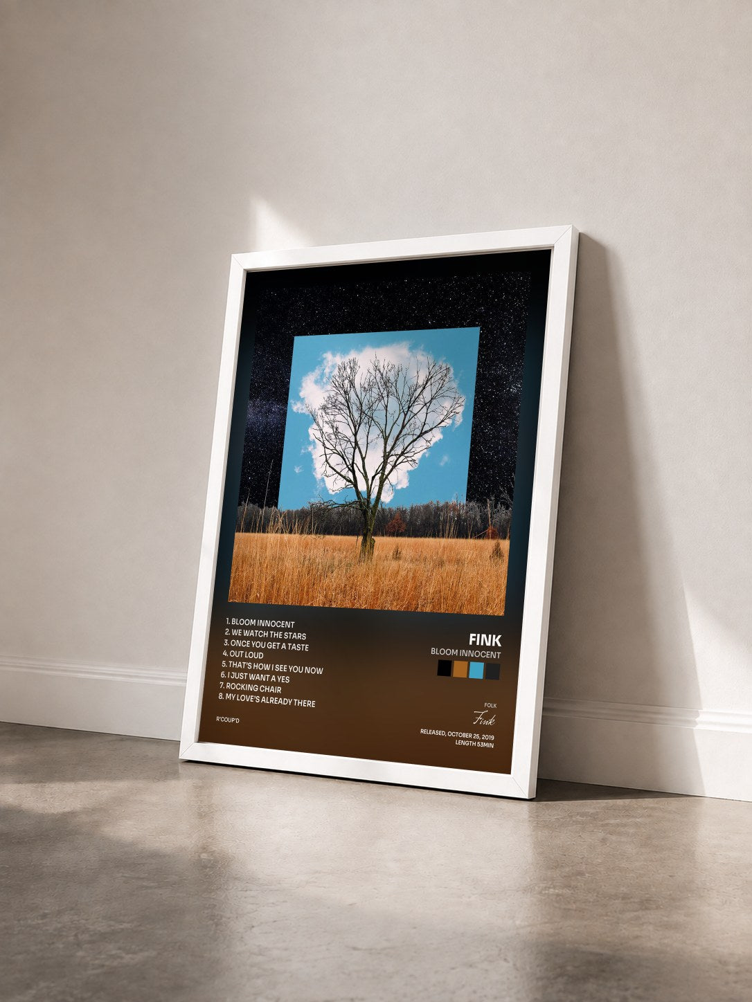 #blanc Tableau de l'album Bloom Innocent de Fink vu de trois quarts, cadre blanc