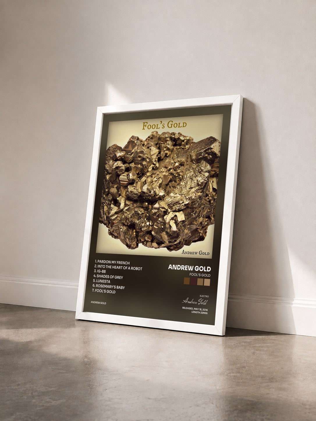 #blanc Tableau de l'album Fool's Gold de Andrew Gold vu de trois quarts, cadre blanc