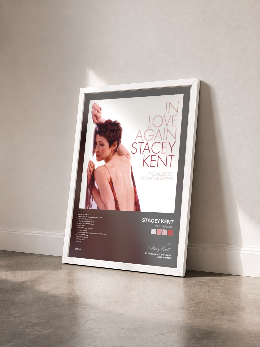 #blanc Tableau de l'album In Love Again de Stacey Kent vu de trois quarts, cadre blanc