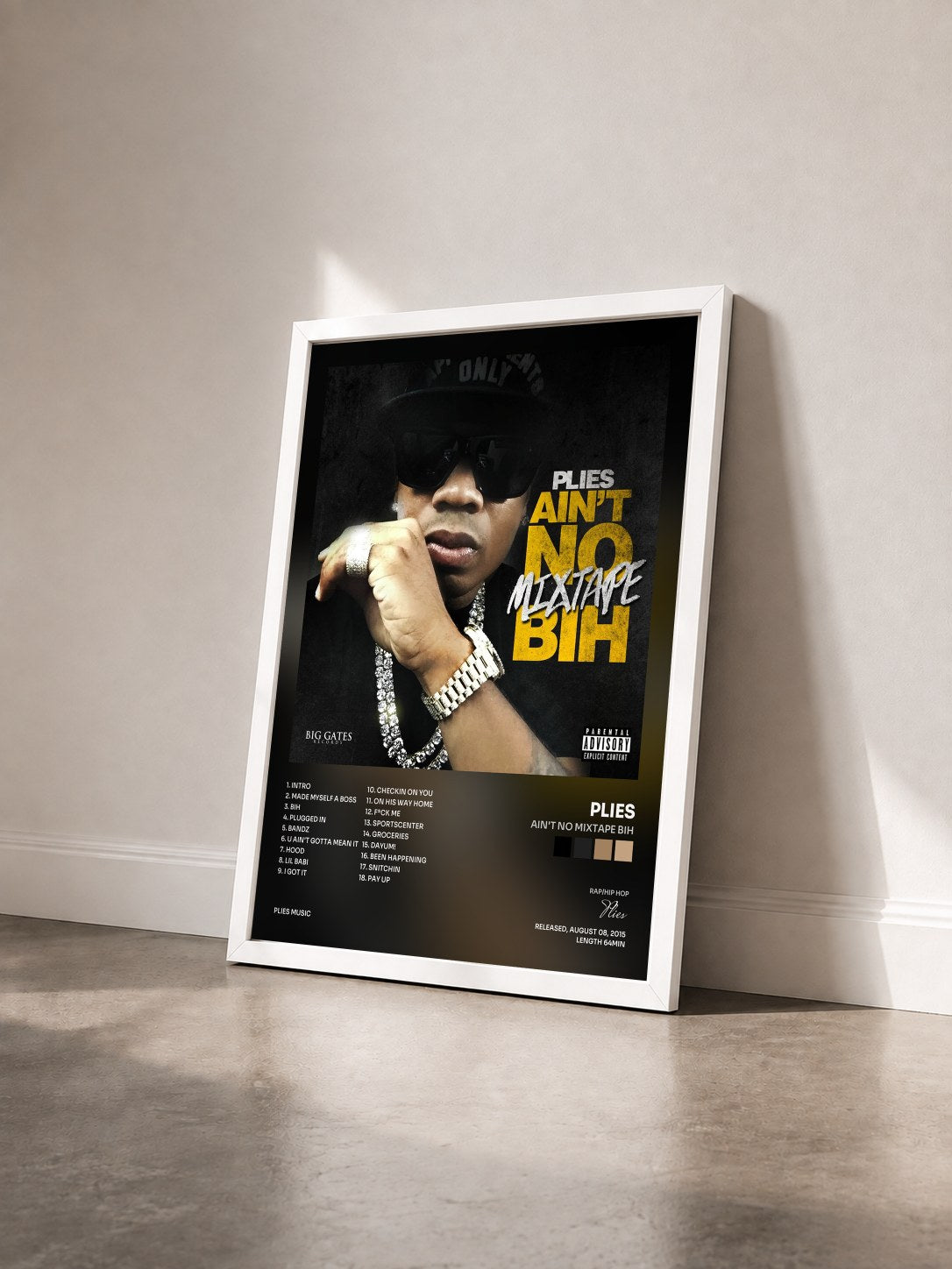 #blanc Tableau de l'album Ain't No Mixtape Bih de Plies vu de trois quarts, cadre blanc
