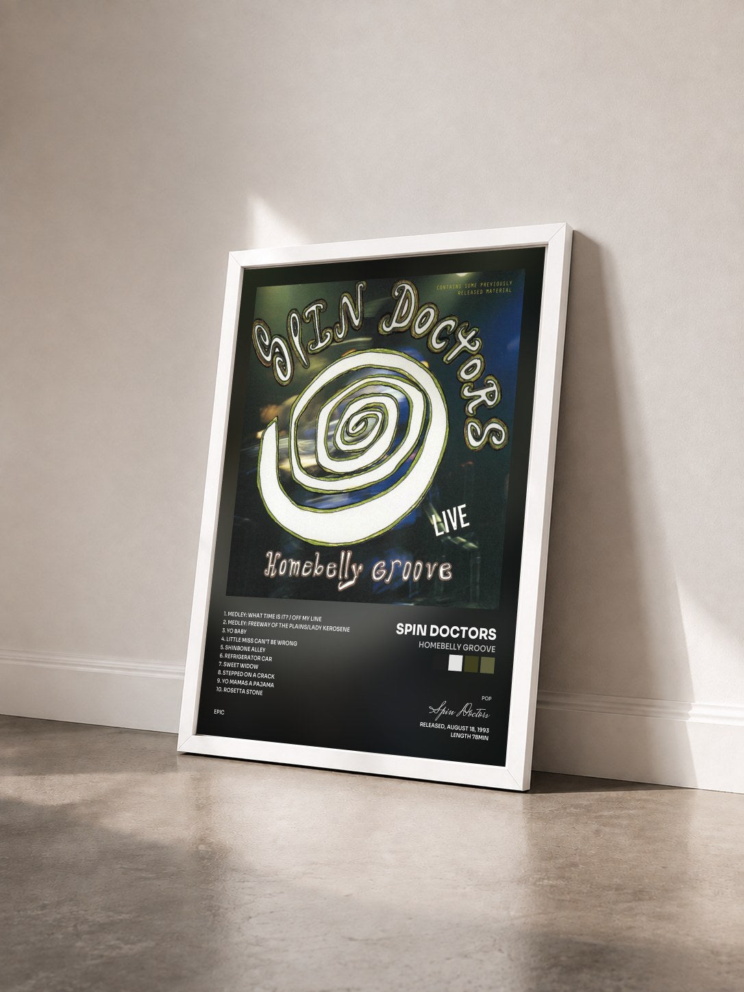 #blanc Tableau de l'album Homebelly Groove de Spin Doctors vu de trois quarts, cadre blanc