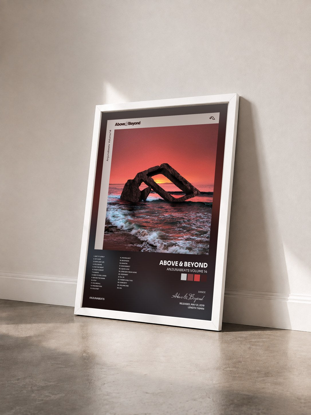 #blanc Tableau de l'album Anjunabeats Volume 14 de Above & Beyond vu de trois quarts, cadre blanc