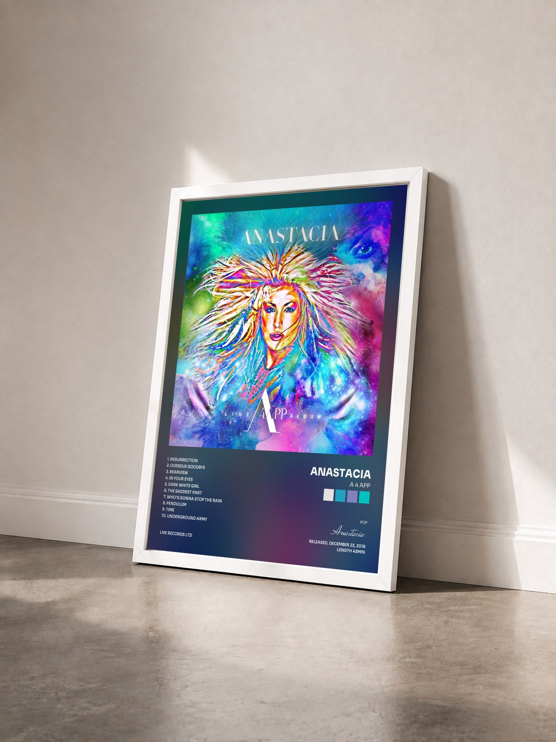 #blanc Tableau de l'album A 4 APP de Anastacia vu de trois quarts, cadre blanc