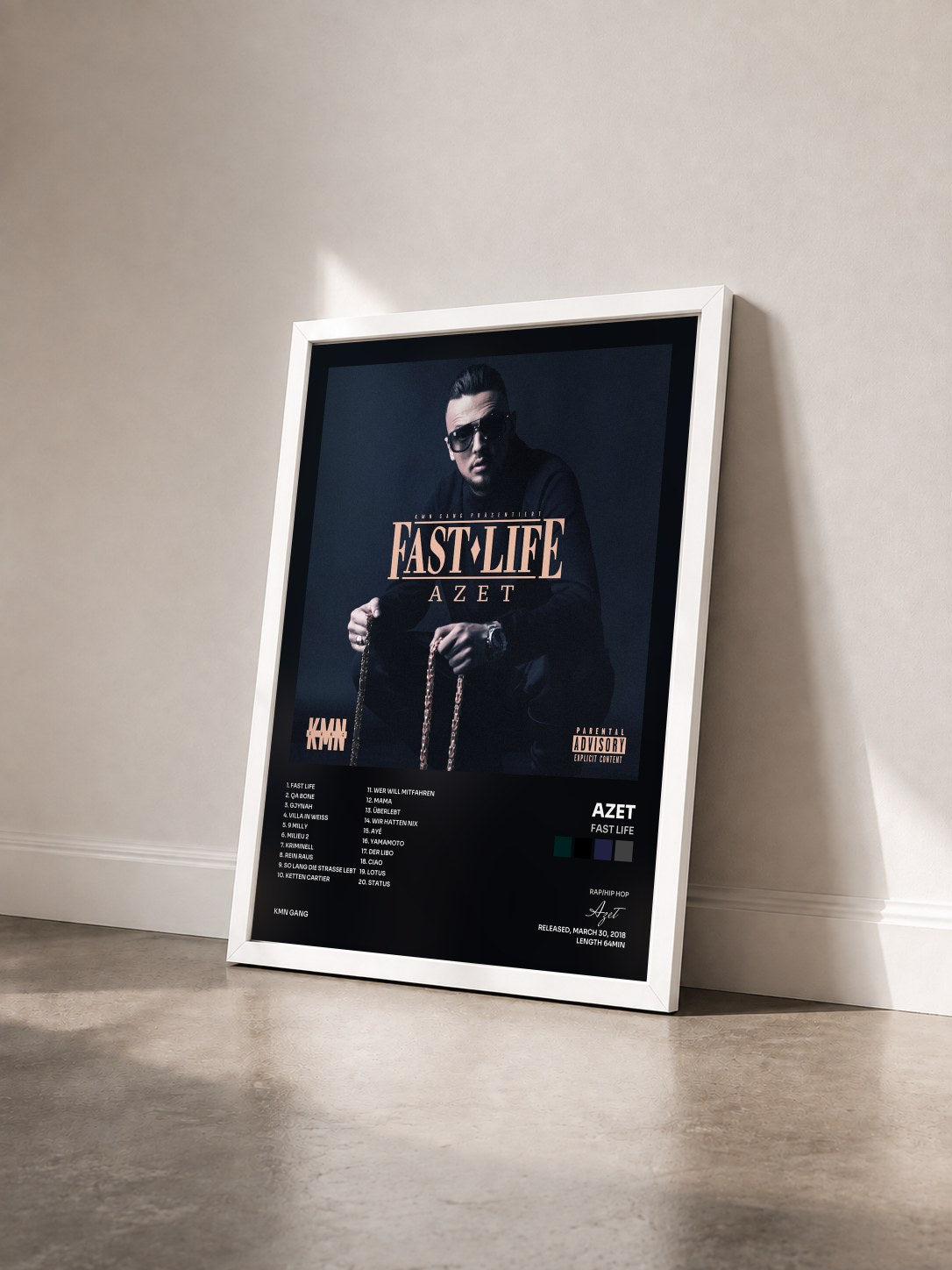 #blanc Tableau de l'album Fast Life de Azet vu de trois quarts, cadre blanc