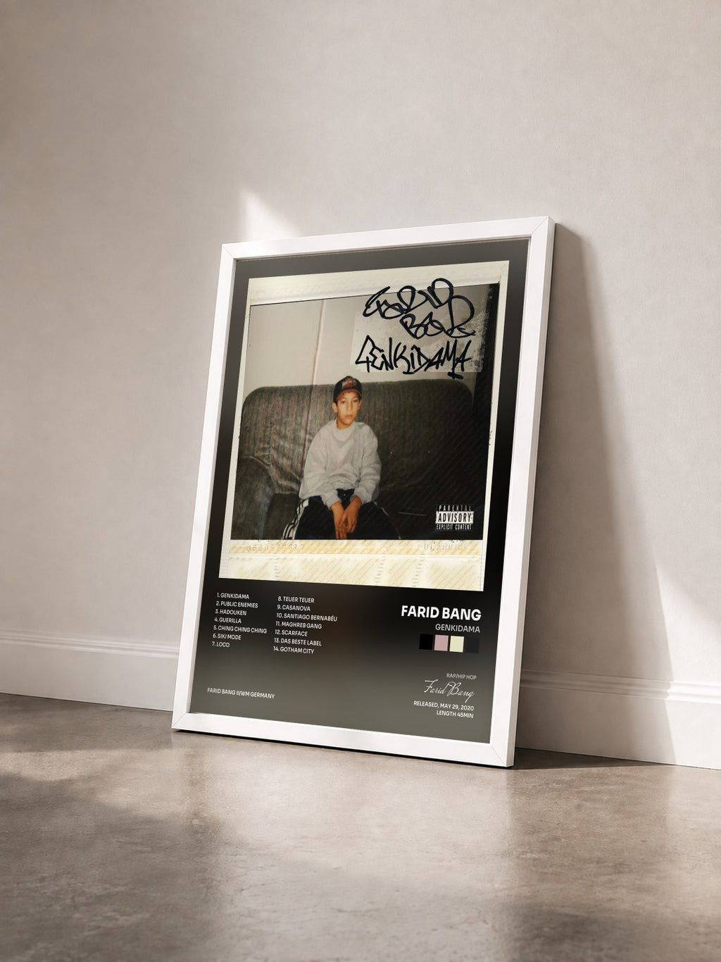 #blanc Genkidama by Farid Bang as a framed art print seen at an angle, white frame