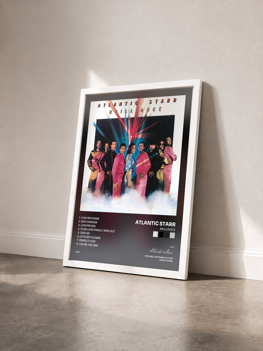 #blanc Tableau de l'album Brilliance de Atlantic Starr vu de trois quarts, cadre blanc