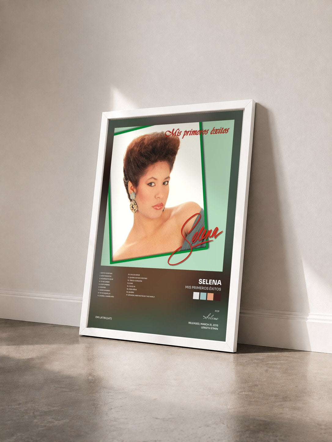 #blanc Tableau de l'album Mis Primeros Éxitos de Selena vu de trois quarts, cadre blanc
