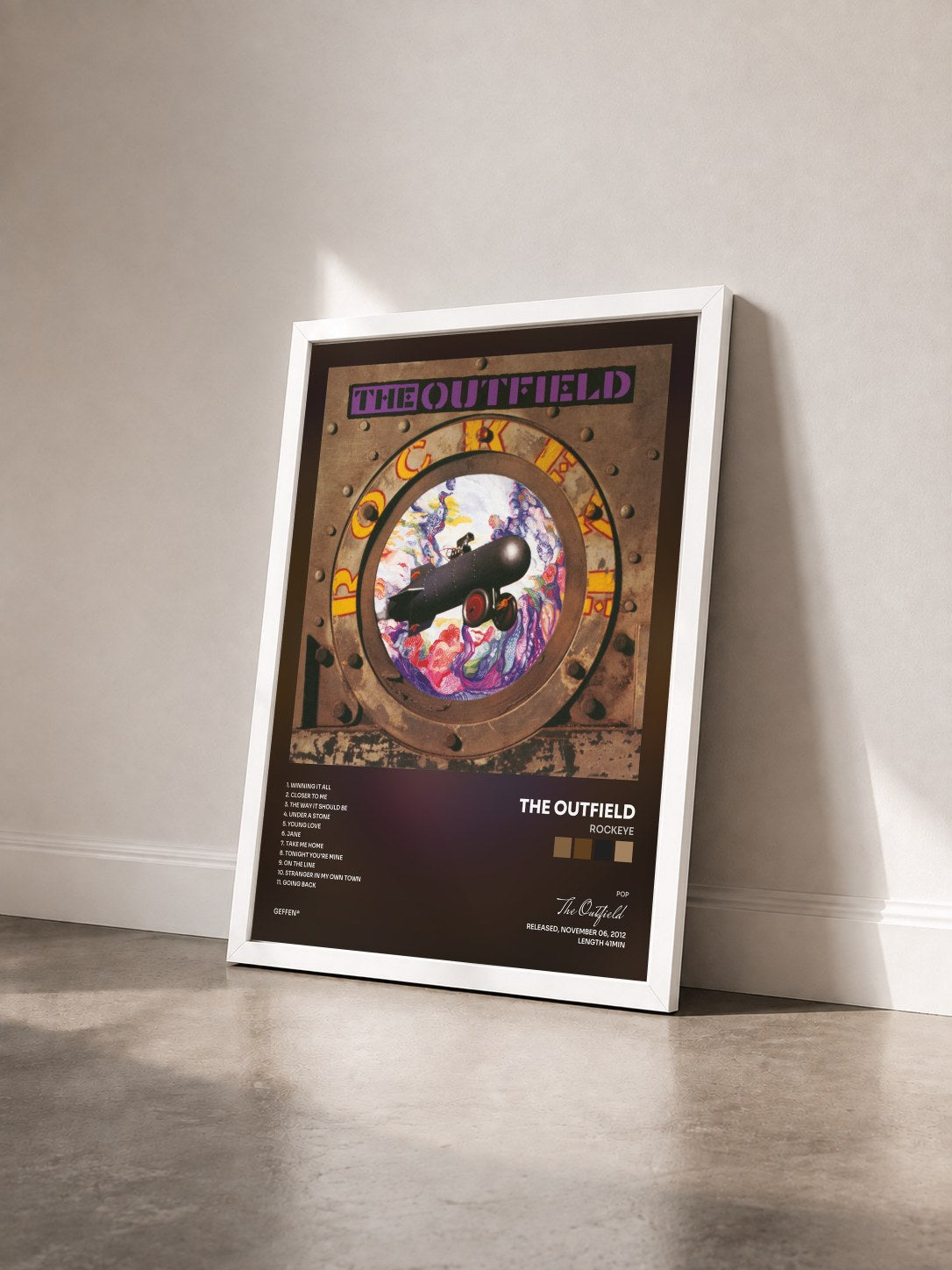#blanc Tableau de l'album Rockeye de The Outfield vu de trois quarts, cadre blanc