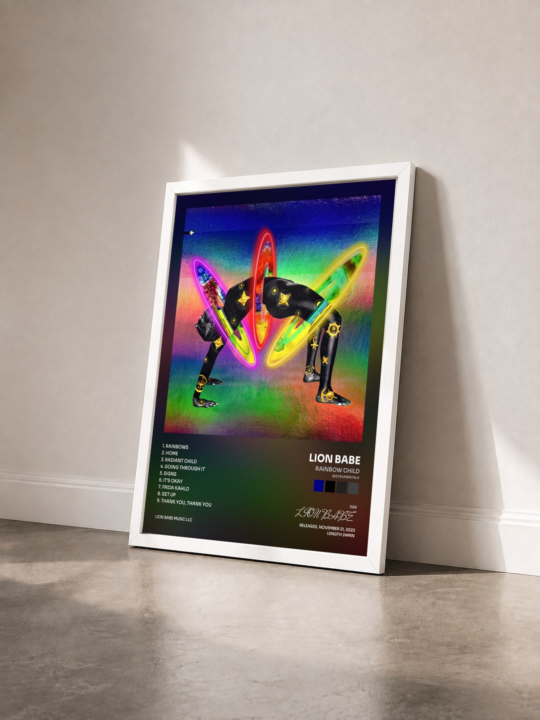 #blanc Tableau de l'album Rainbow Child (Instrumentals) de LION BABE vu de trois quarts, cadre blanc