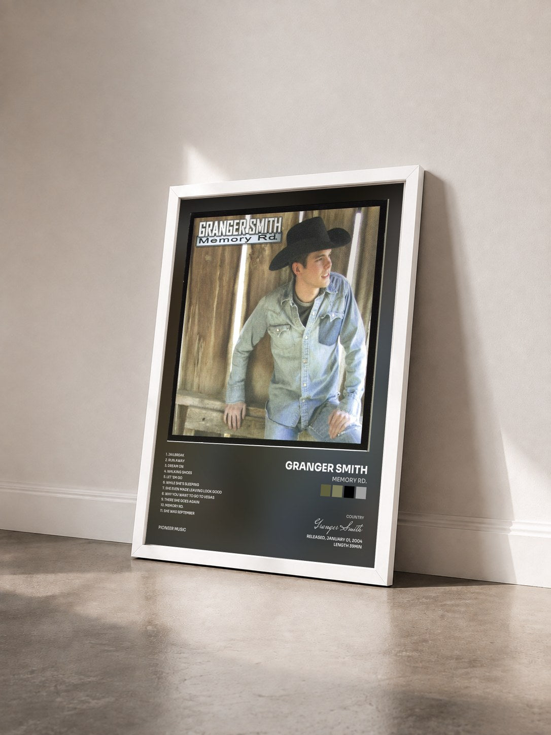 #blanc Tableau de l'album Memory Rd. de Granger Smith vu de trois quarts, cadre blanc