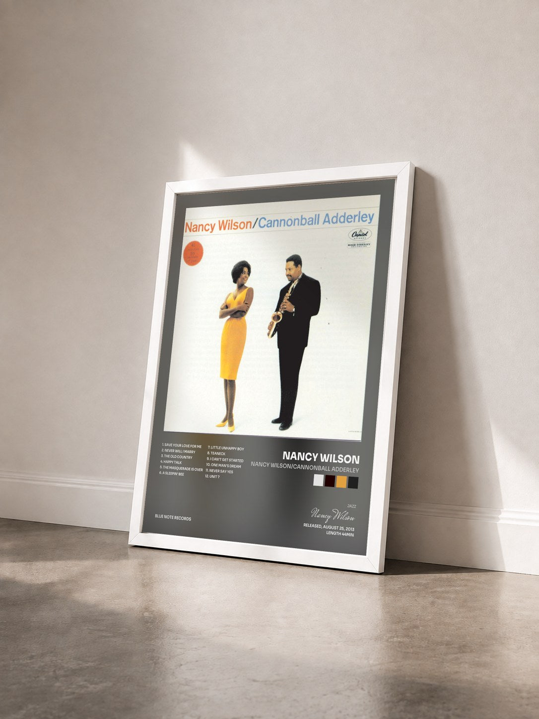 #blanc Tableau de l'album Nancy Wilson/Cannonball Adderley de Nancy Wilson vu de trois quarts, cadre blanc