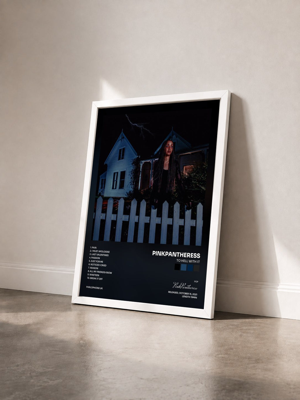 #blanc to hell with it by PinkPantheress as a framed art print seen at an angle, white frame