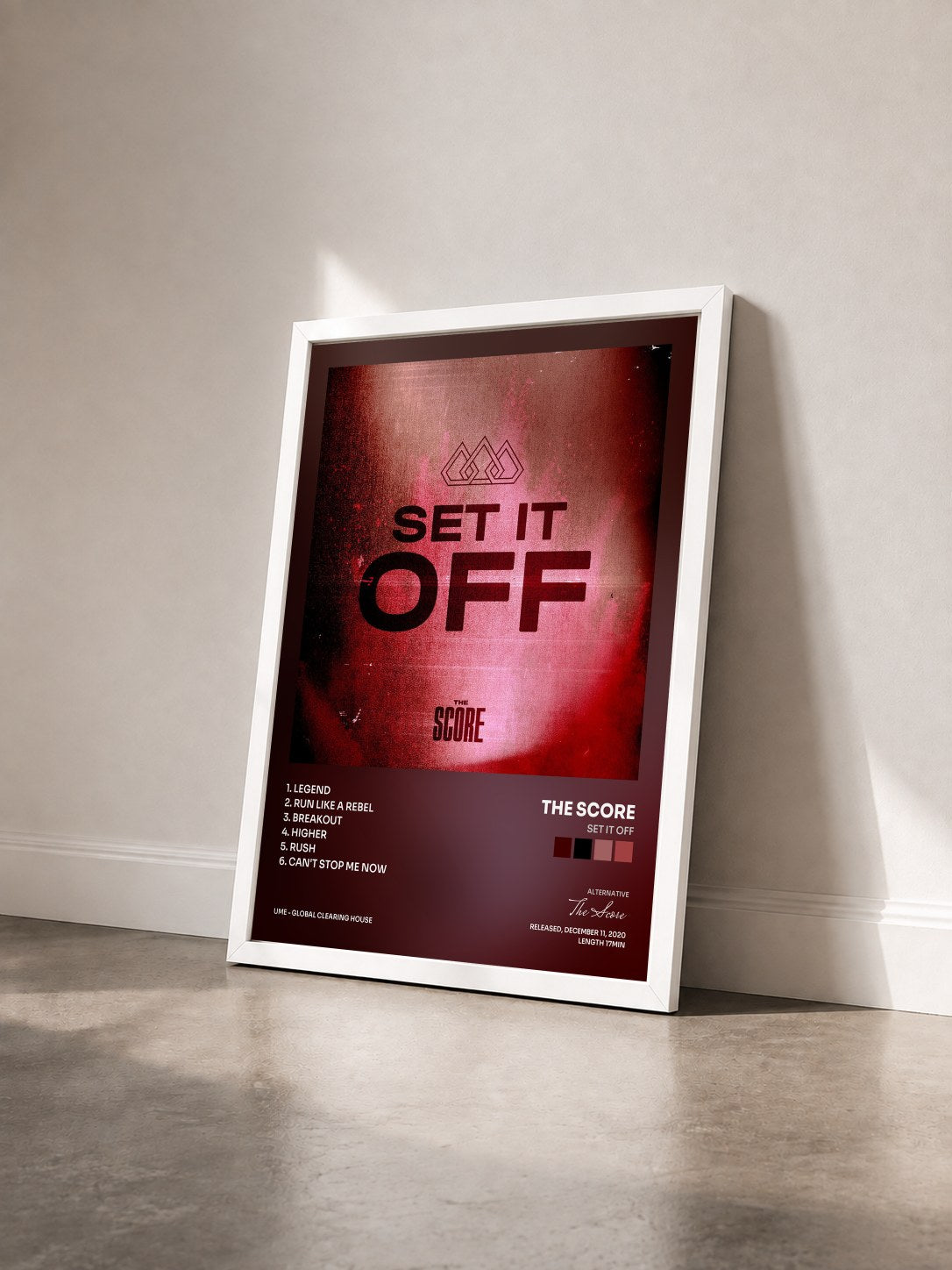 #blanc Tableau de l'album Set It Off de The Score vu de trois quarts, cadre blanc