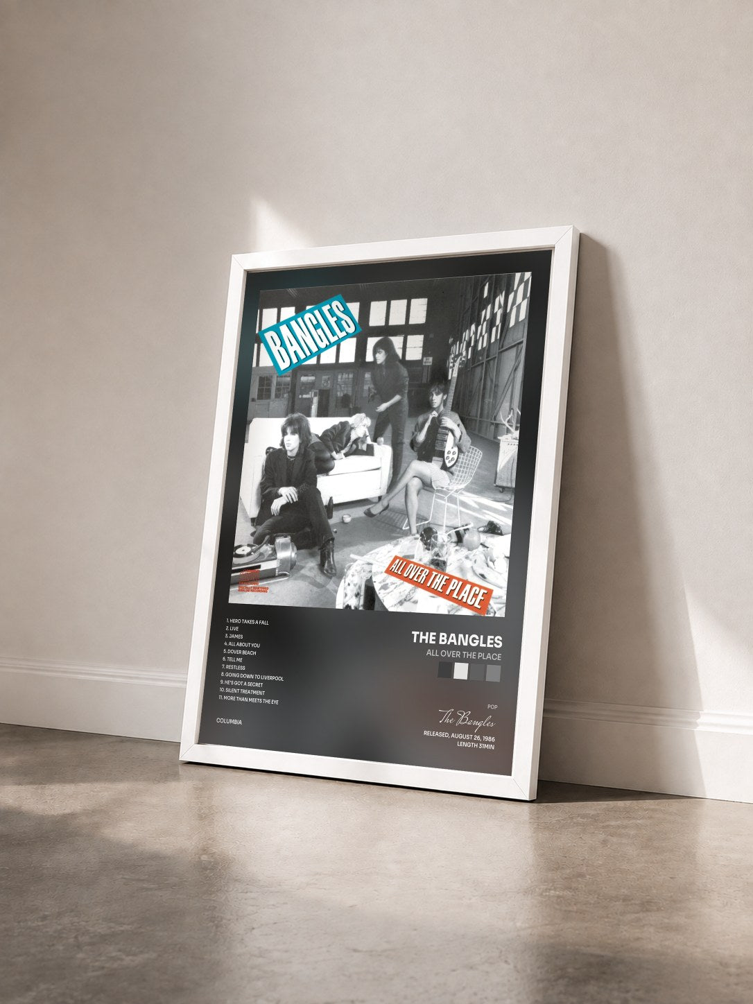 #blanc Tableau de l'album All Over The Place de The Bangles vu de trois quarts, cadre blanc