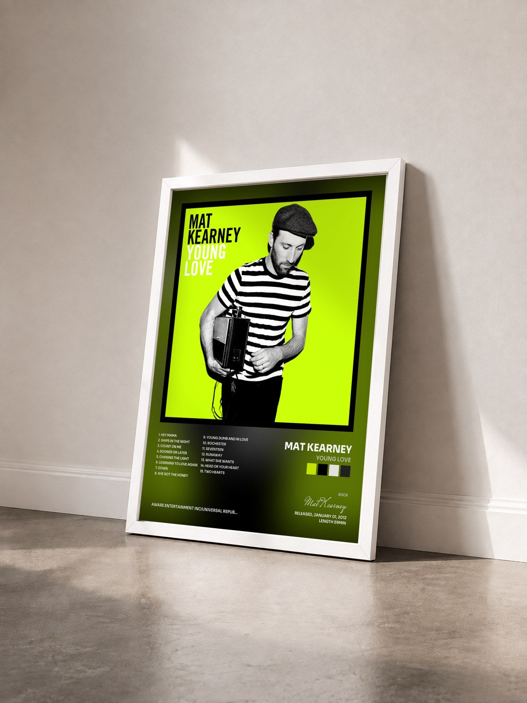#blanc Tableau de l'album Young Love de Mat Kearney vu de trois quarts, cadre blanc