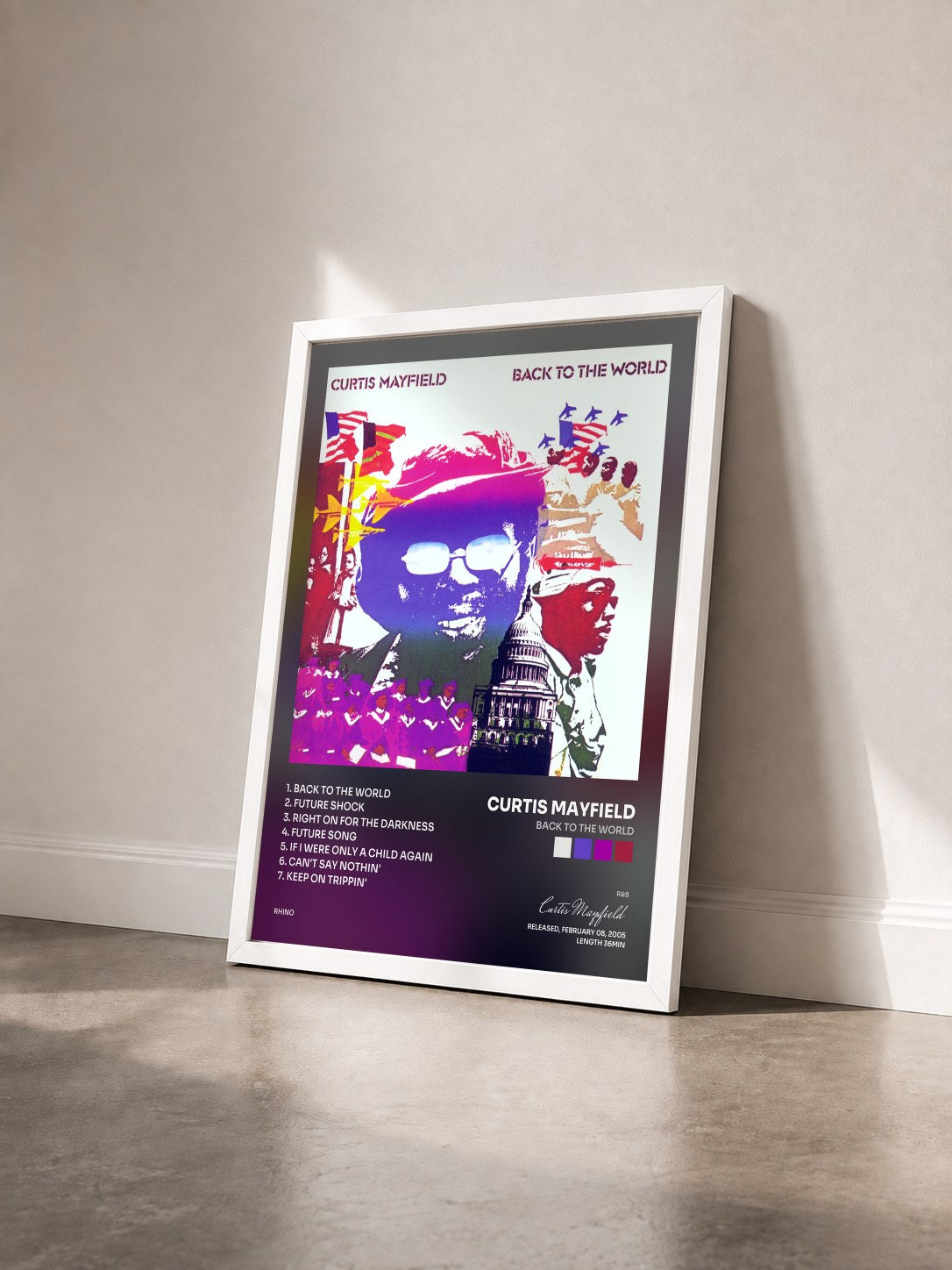 #blanc Tableau de l'album Back to the World de Curtis Mayfield vu de trois quarts, cadre blanc