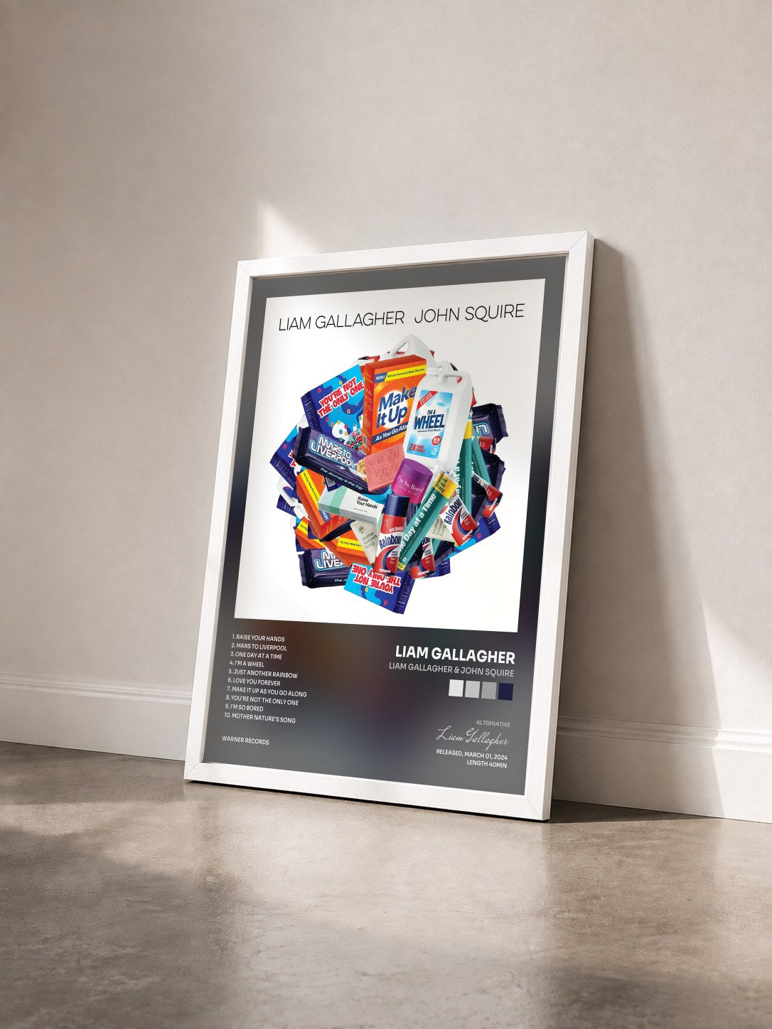#blanc Tableau de l'album Liam Gallagher & John Squire de Liam Gallagher vu de trois quarts, cadre blanc
