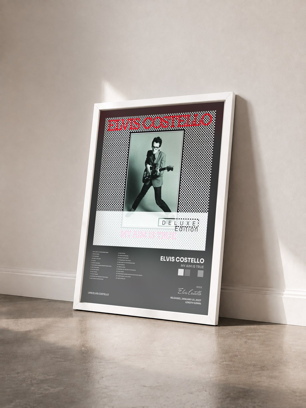 #blanc Tableau de l'album My Aim Is True de Elvis Costello vu de trois quarts, cadre blanc