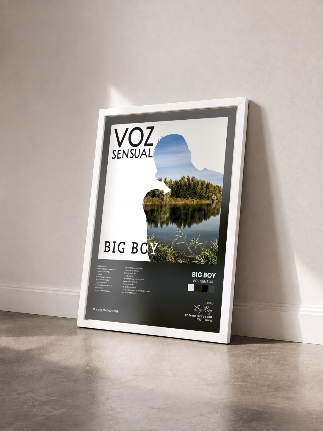 #blanc Tableau de l'album Voz Sensual de Big Boy vu de trois quarts, cadre blanc