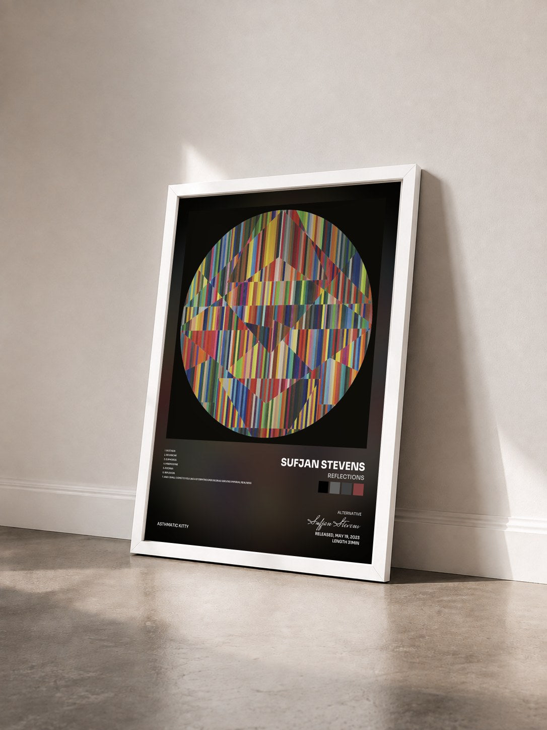 #blanc Tableau de l'album Reflections de Sufjan Stevens vu de trois quarts, cadre blanc
