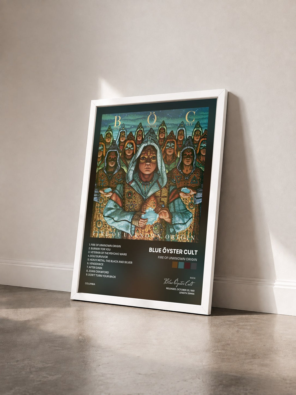 #blanc Fire of Unknown Origin by Blue Öyster Cult as a framed art print seen at an angle, white frame
