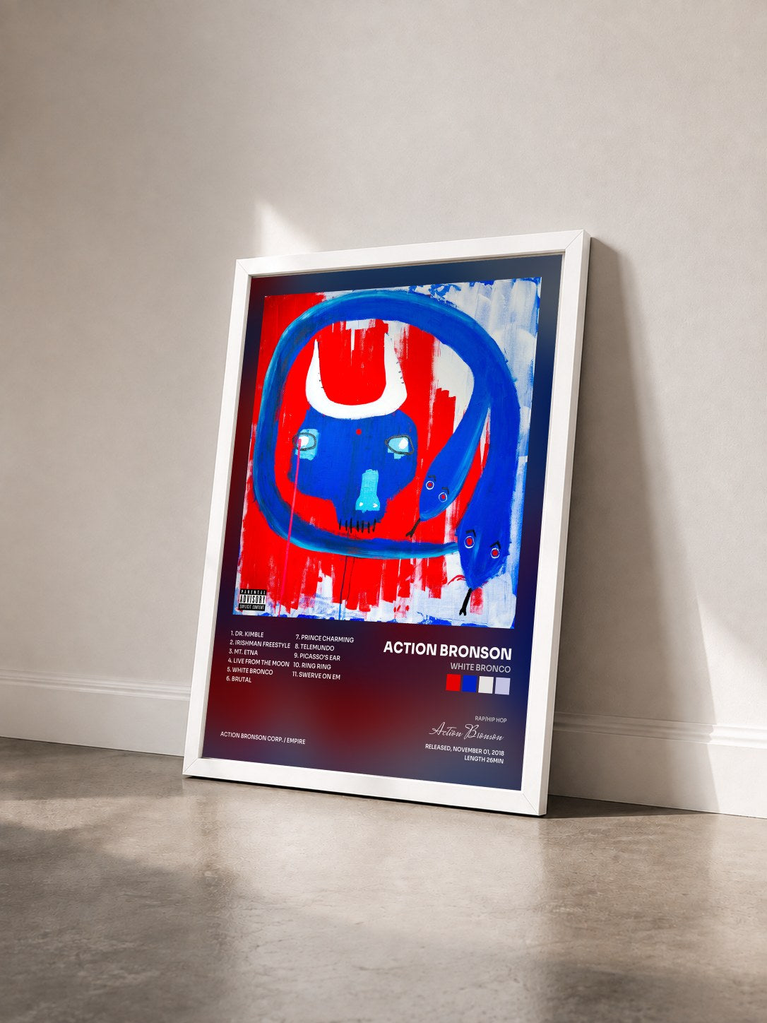 #blanc Tableau de l'album White Bronco de Action Bronson vu de trois quarts, cadre blanc