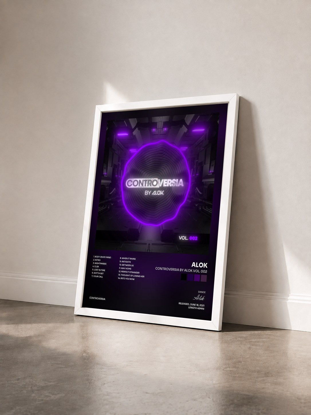 #blanc Tableau de l'album CONTROVERSIA by Alok Vol. 002 de Alok vu de trois quarts, cadre blanc