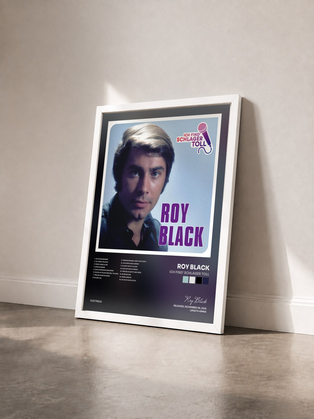 #blanc Ich find' Schlager toll by Roy Black as a framed art print seen at an angle, white frame