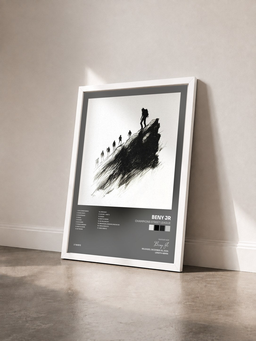 #blanc Tableau de l'album Champions Street League de Beny Jr vu de trois quarts, cadre blanc