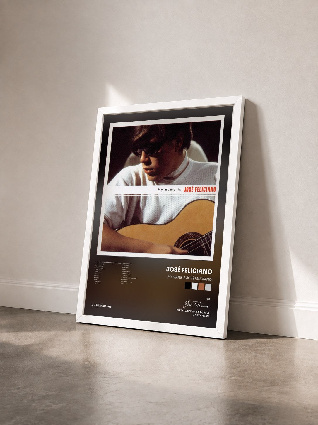 #blanc Tableau de l'album My Name Is José Feliciano de José Feliciano vu de trois quarts, cadre blanc