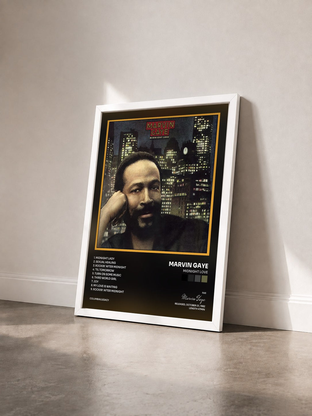 #blanc Tableau de l'album Midnight Love de Marvin Gaye vu de trois quarts, cadre blanc