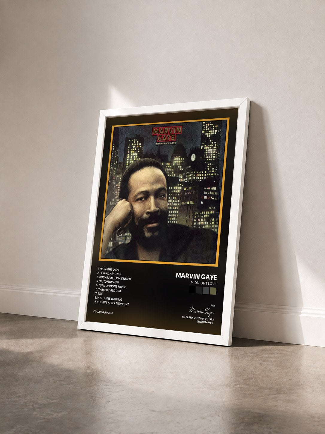 #blanc Tableau de l'album Midnight Love de Marvin Gaye vu de trois quarts, cadre blanc
