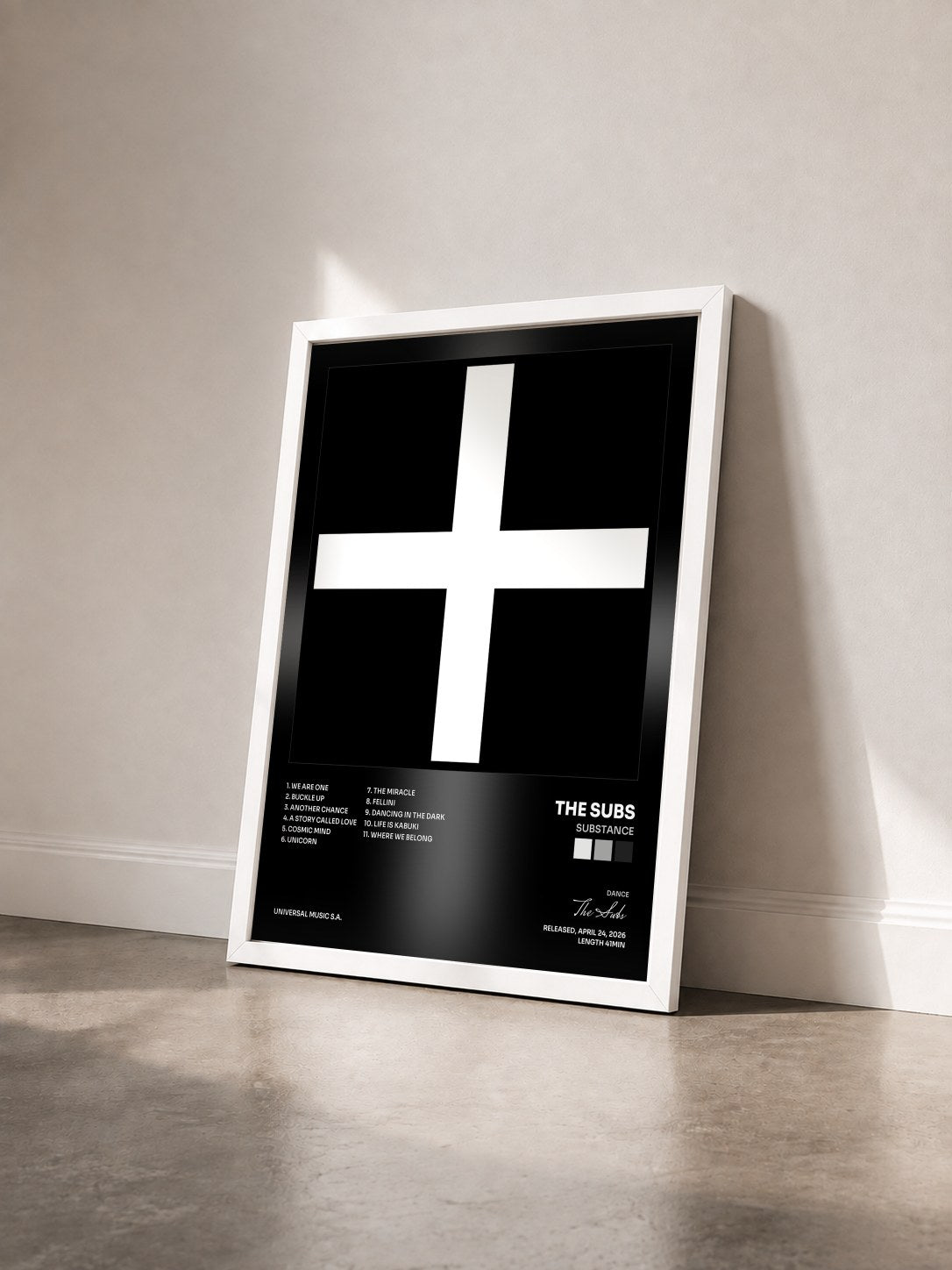#blanc Tableau de l'album Substance de The Subs vu de trois quarts, cadre blanc