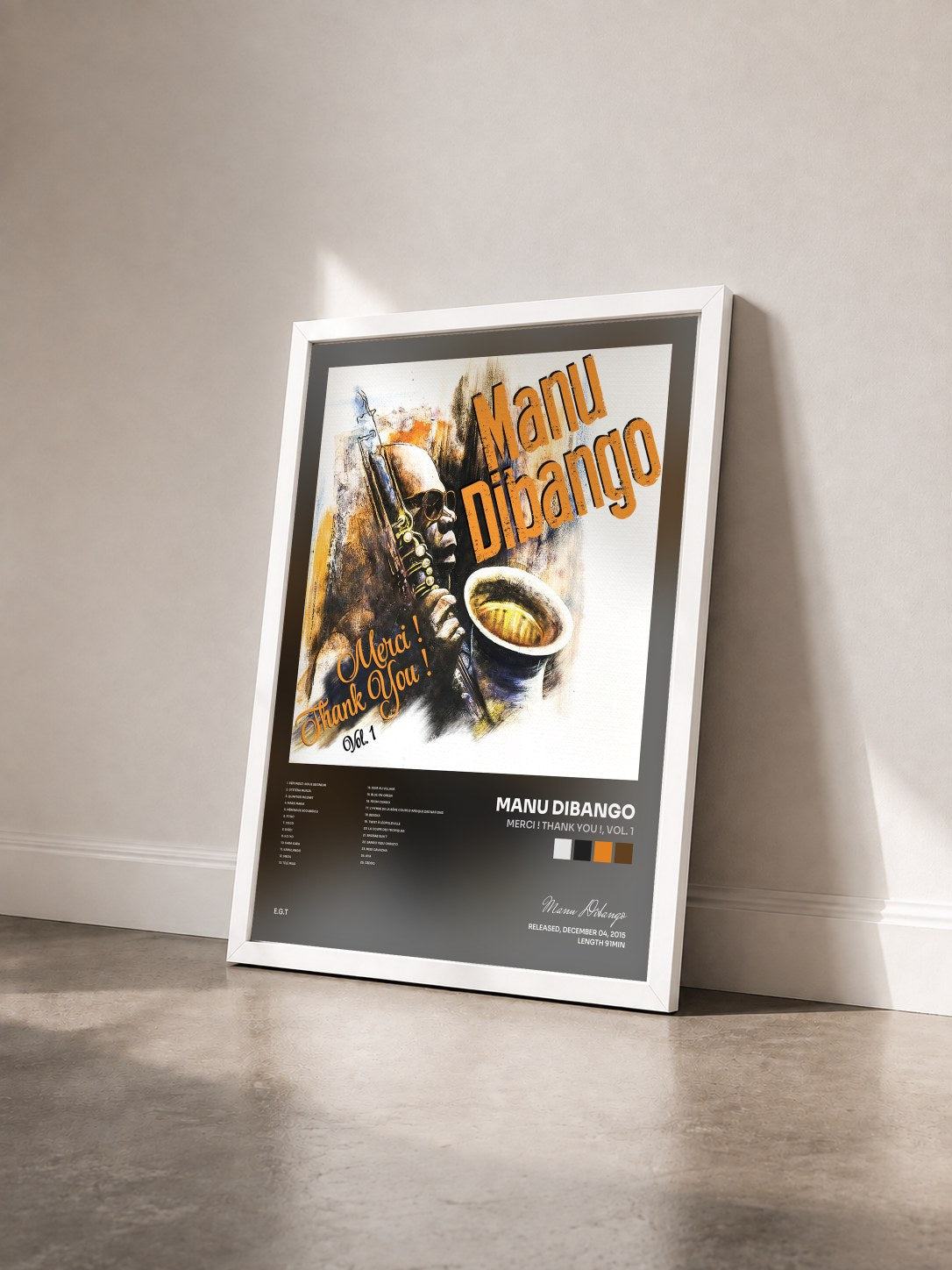 #blanc Tableau de l'album Merci ! Thank You !, Vol. 1 de Manu Dibango vu de trois quarts, cadre blanc
