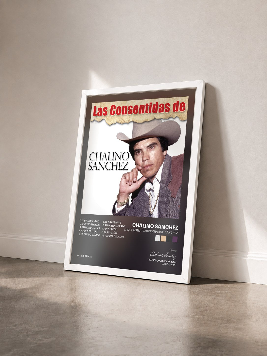 #blanc Tableau de l'album Las Consentidas De Chalino Sánchez de Chalino Sanchez vu de trois quarts, cadre blanc