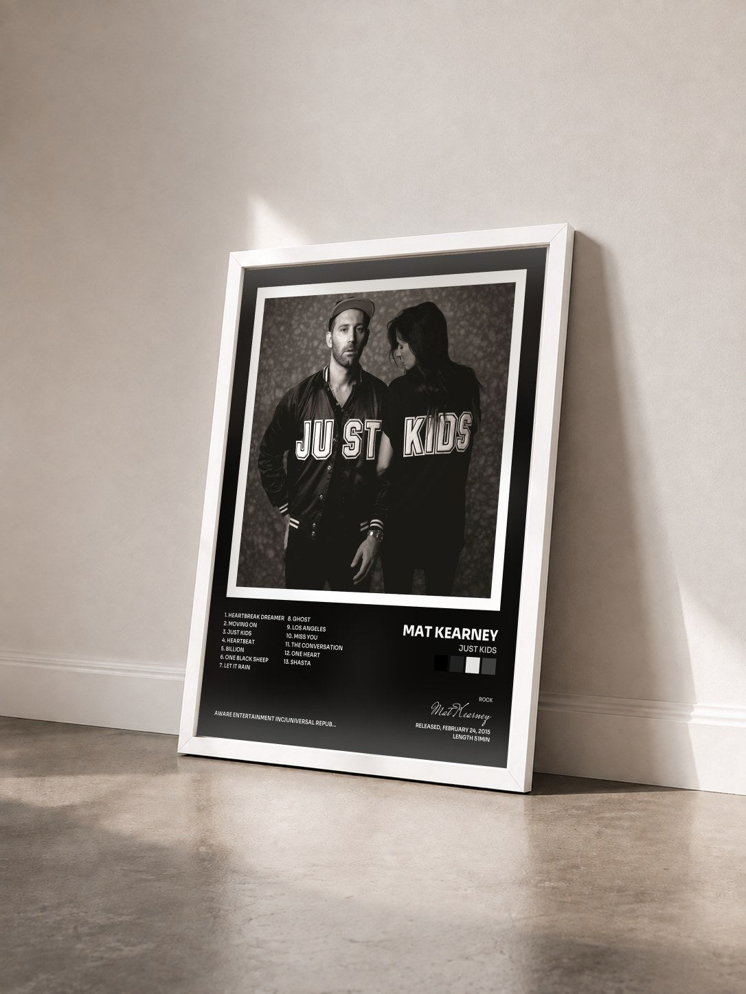 #blanc Tableau de l'album JUST KIDS de Mat Kearney vu de trois quarts, cadre blanc