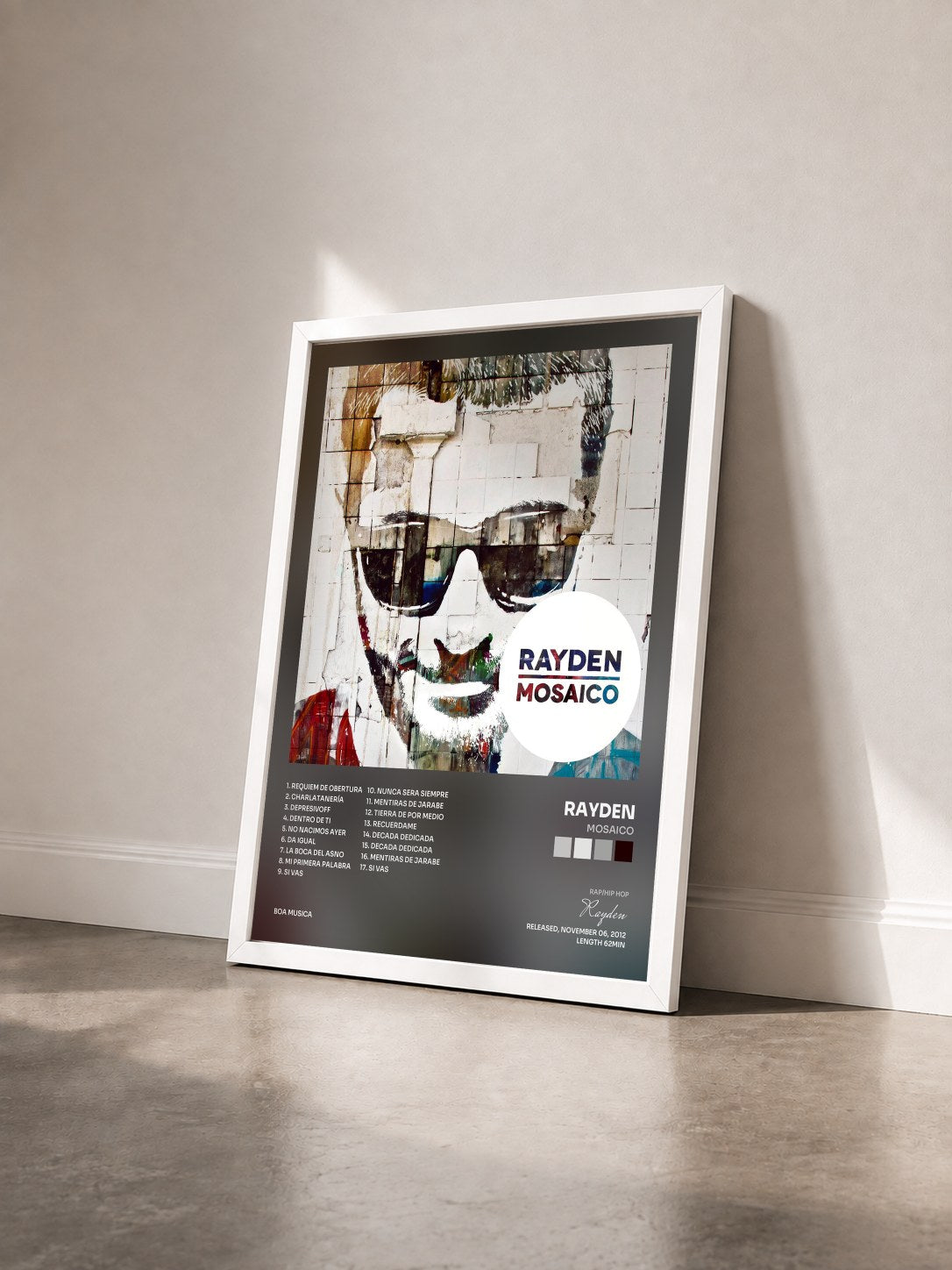 #blanc Tableau de l'album Mosaico de Rayden vu de trois quarts, cadre blanc
