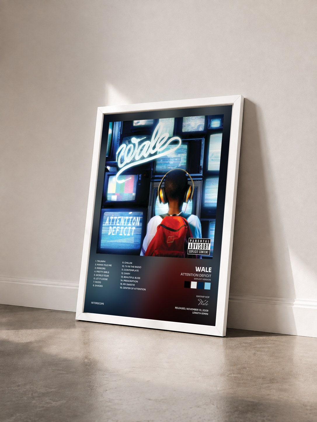 #blanc Tableau de l'album Attention Deficit (Explicit Version) de Wale vu de trois quarts, cadre blanc