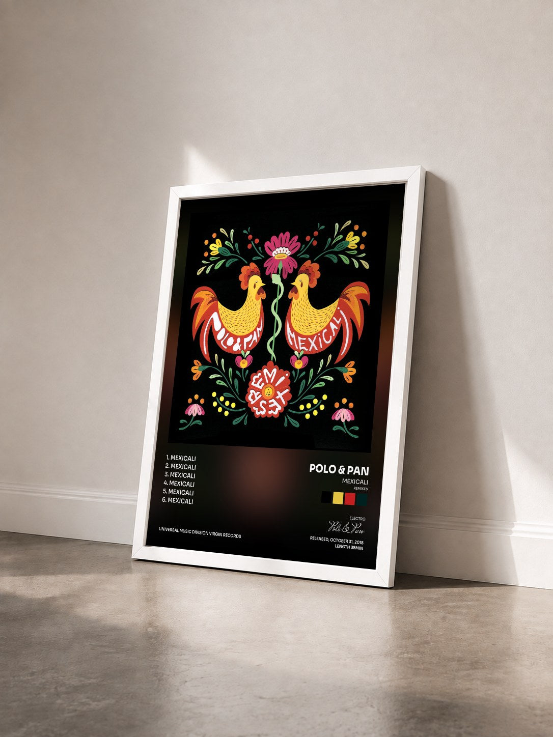 #blanc Tableau de l'album Mexicali (Remixes) de Polo & Pan vu de trois quarts, cadre blanc