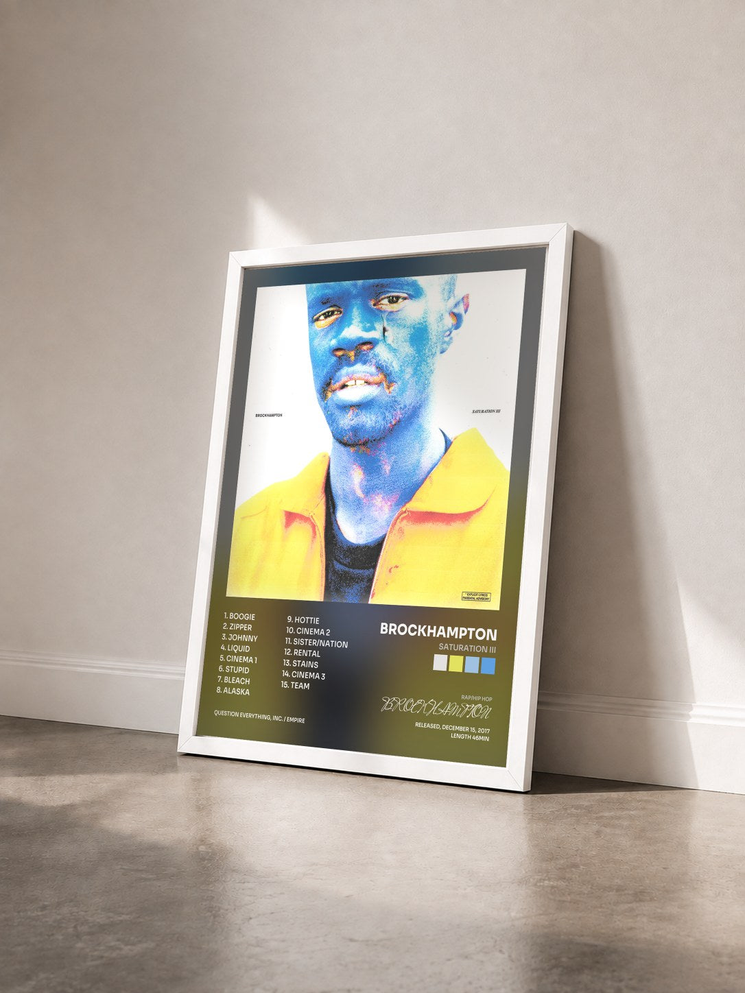 #blanc Tableau de l'album SATURATION III de BROCKHAMPTON vu de trois quarts, cadre blanc