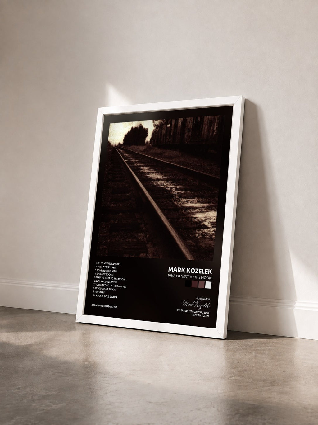 #blanc Tableau de l'album What's Next To The Moon de Mark Kozelek vu de trois quarts, cadre blanc