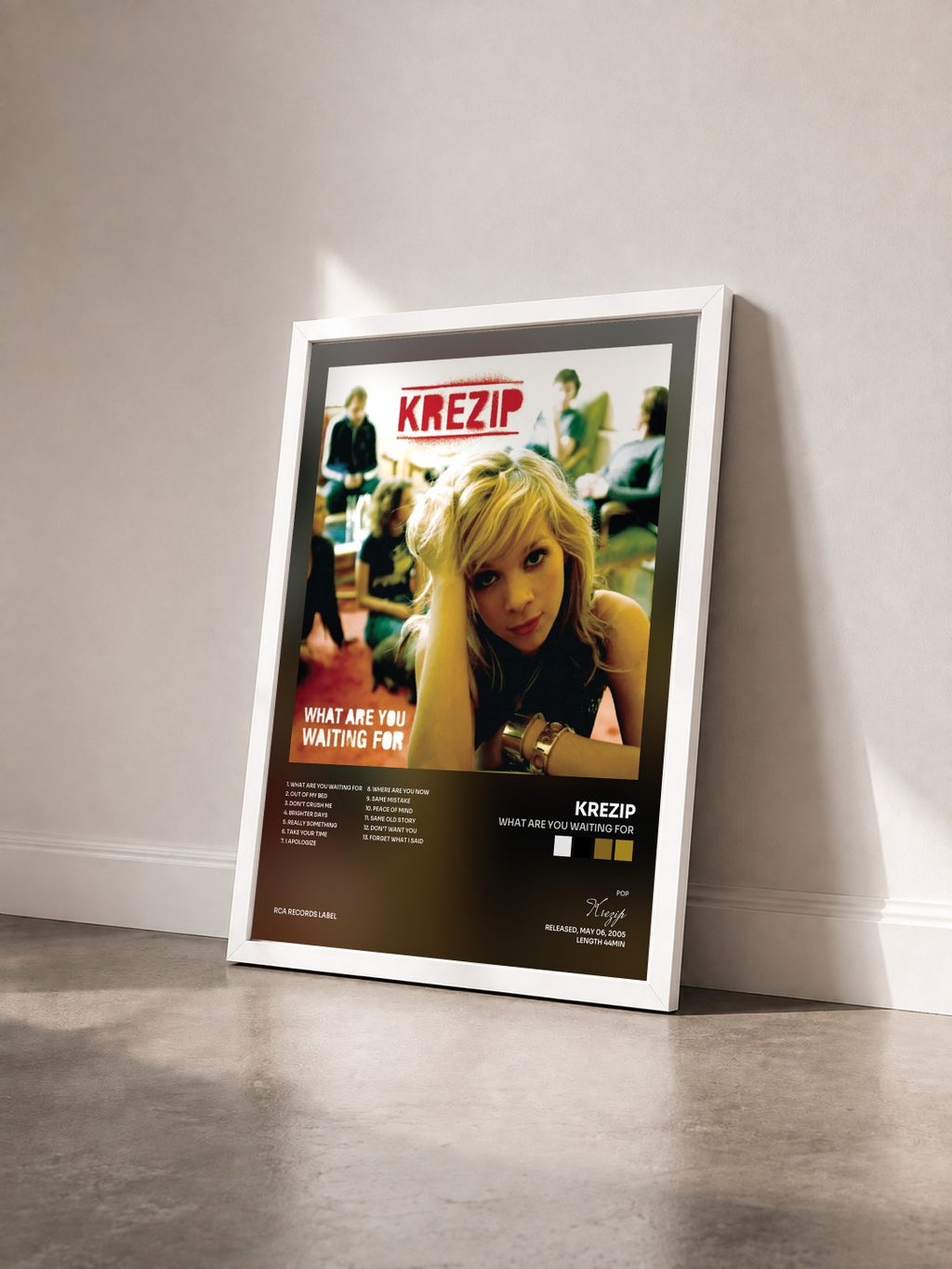 #blanc Tableau de l'album What Are You Waiting For de Krezip vu de trois quarts, cadre blanc