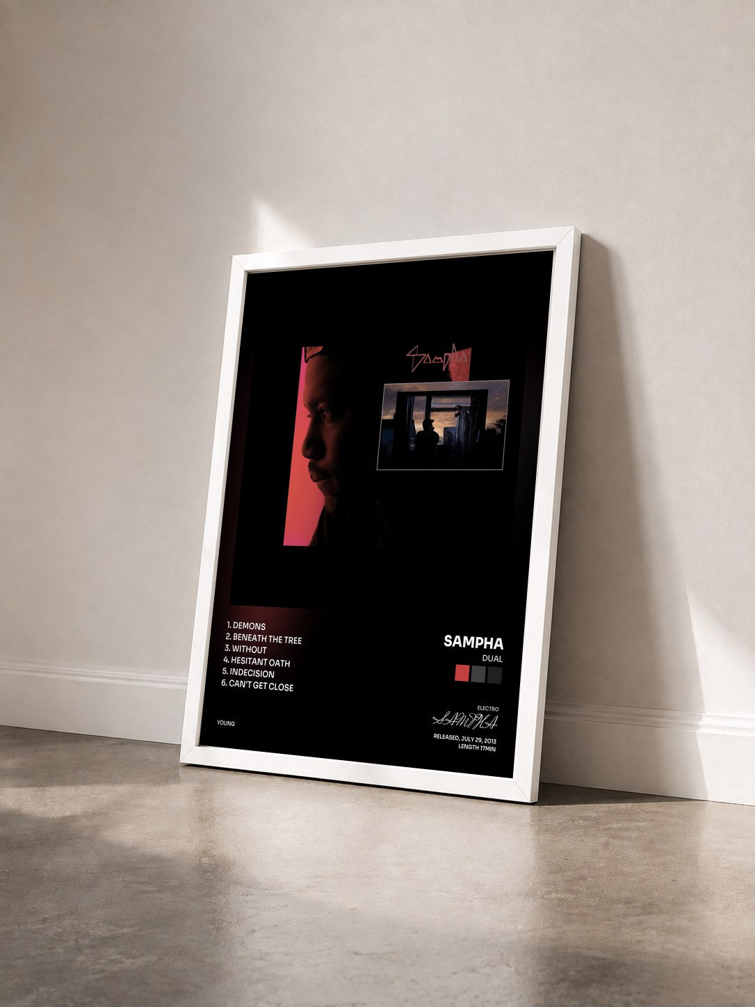 #blanc Tableau de l'album Dual de SAMPHA vu de trois quarts, cadre blanc