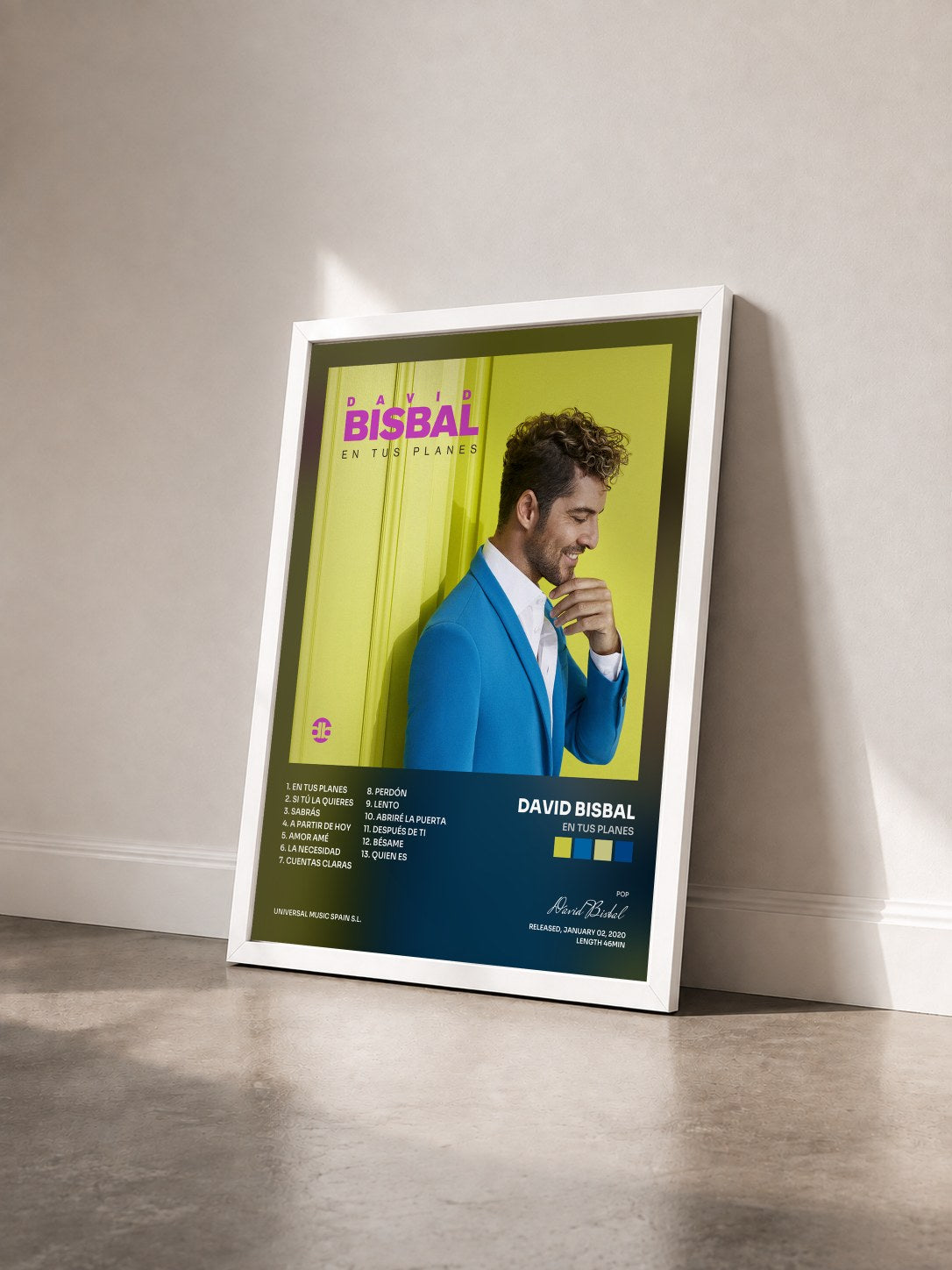 #blanc Tableau de l'album En Tus Planes de David Bisbal vu de trois quarts, cadre blanc