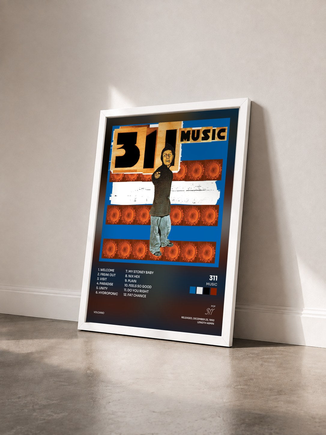#blanc Tableau de l'album Music de 311 vu de trois quarts, cadre blanc