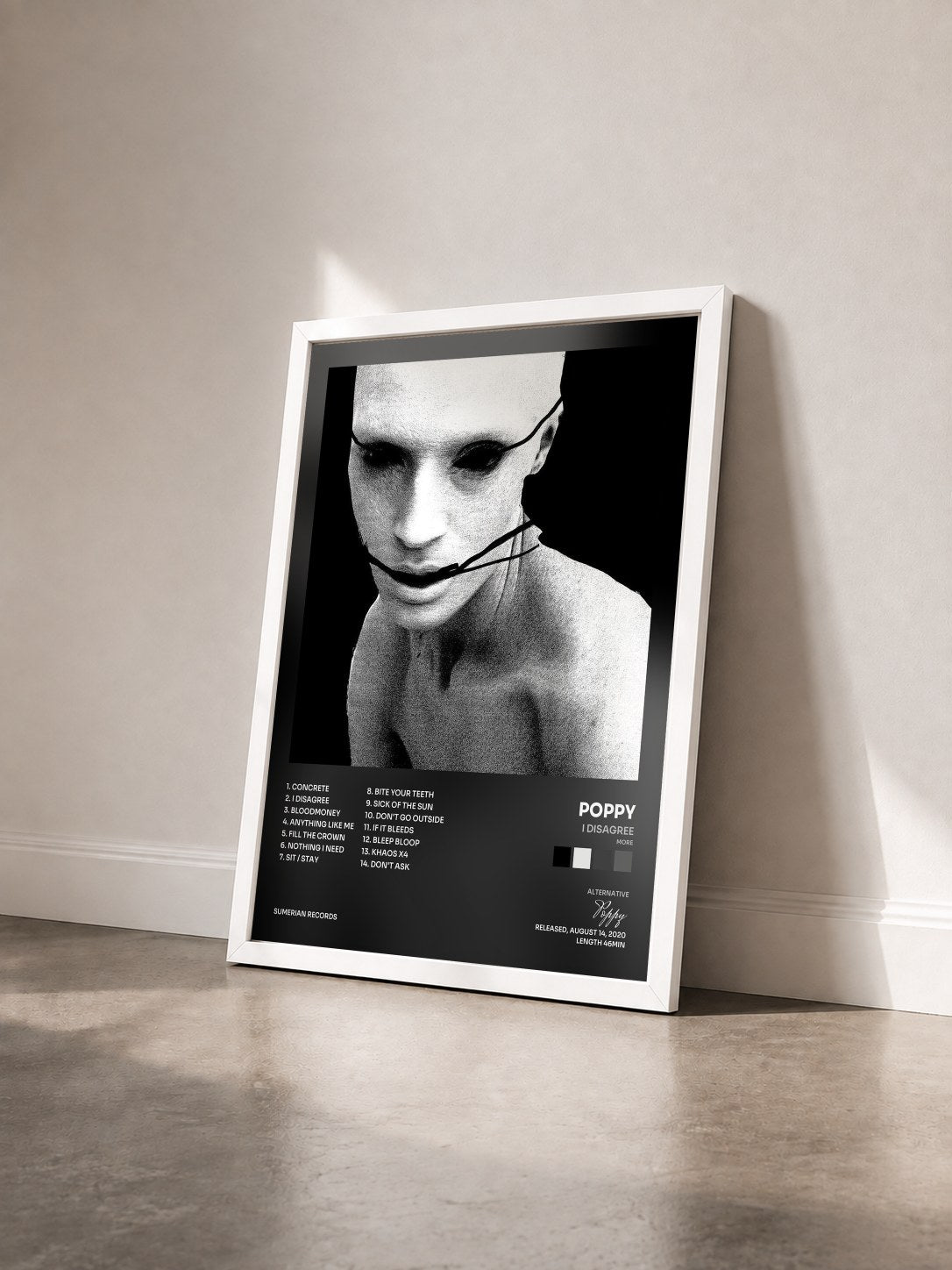 #blanc Tableau de l'album I Disagree (more) de Poppy vu de trois quarts, cadre blanc