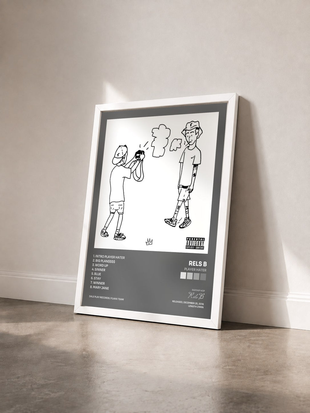 #blanc Tableau de l'album Player Hater de Rels B vu de trois quarts, cadre blanc