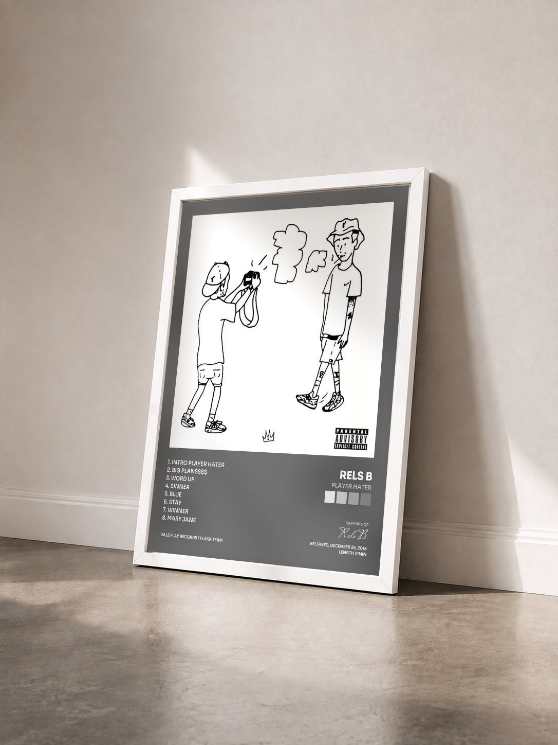 #blanc Tableau de l'album Player Hater de Rels B vu de trois quarts, cadre blanc
