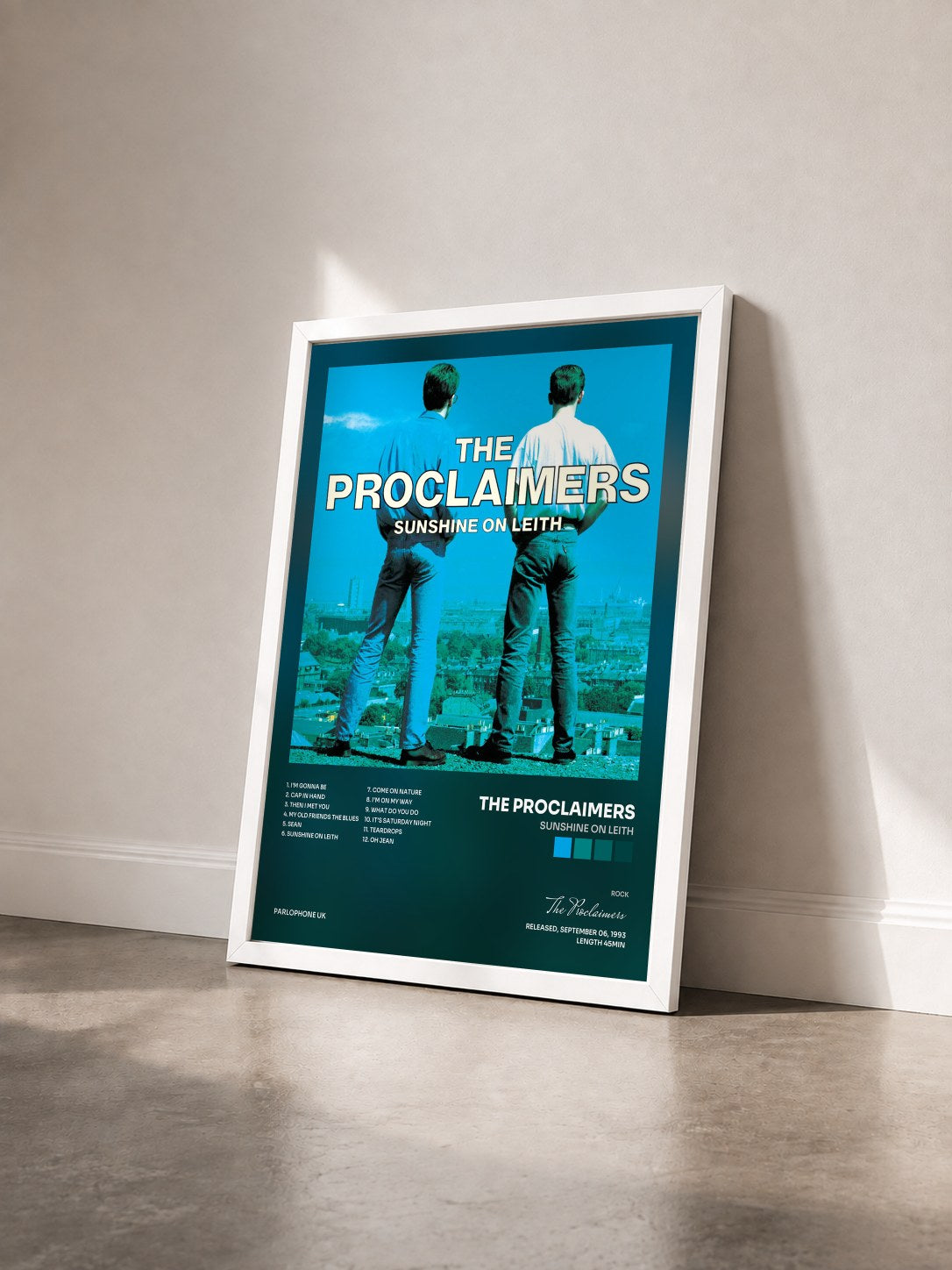 #blanc Tableau de l'album Sunshine on Leith de The Proclaimers vu de trois quarts, cadre blanc