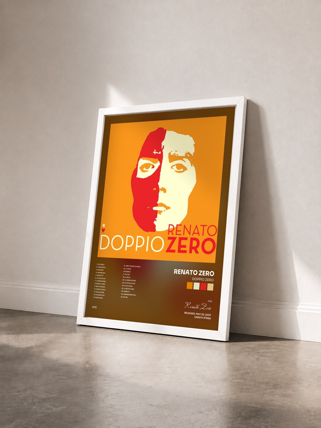 #blanc Tableau de l'album Doppio Zero de Renato Zero vu de trois quarts, cadre blanc